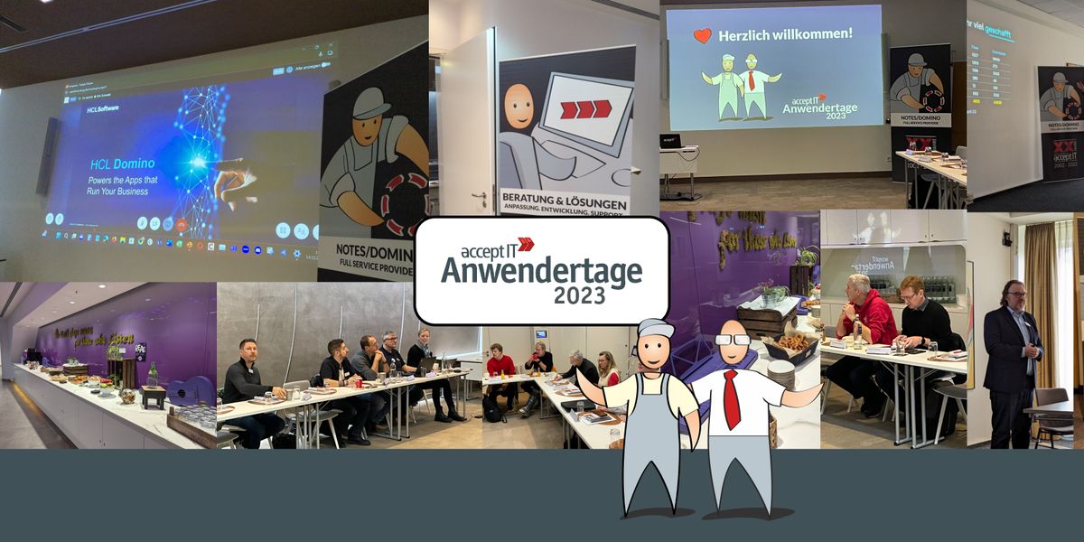 Bildcollage von den Anwendertagen 2023: Vorträge, Begrüßungsfolie, Buffet und Teilnehmende an Tischen