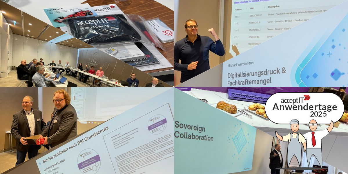 Bildcollage: Tagungsraum mit Teilnehmenden, Keynote zu Digitalisierungsdruck und Fachkräftemangel und ein Vortrag zu Sovereign Collaboration