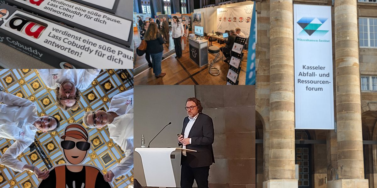 Bildcollage vom Kasseler Abfall- und Ressourcenforum 2024: der Cobuddy-Messestand, Stefan Lage am Rednerpult und das Banner des Witzenhausen-Instituts am Kongress Palais