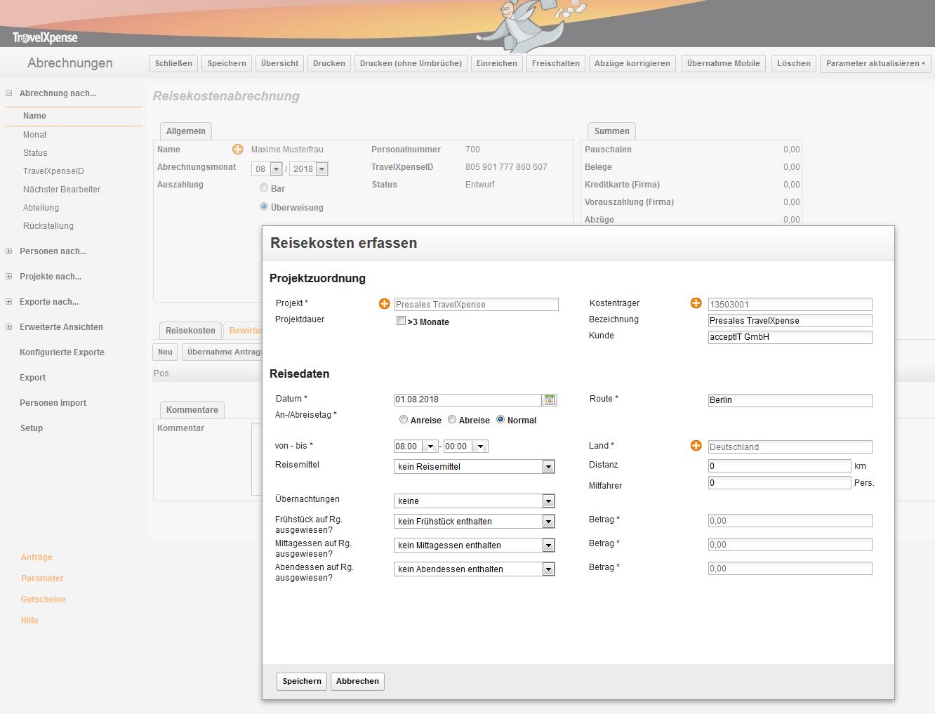 TravelXpense 3 Reisekosten Erfassung mit Projektzuordnung