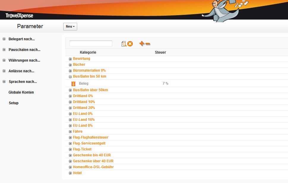 TravelXpense 4 Parameterdatenbank fuer Belege Pauschalen Waehrungen